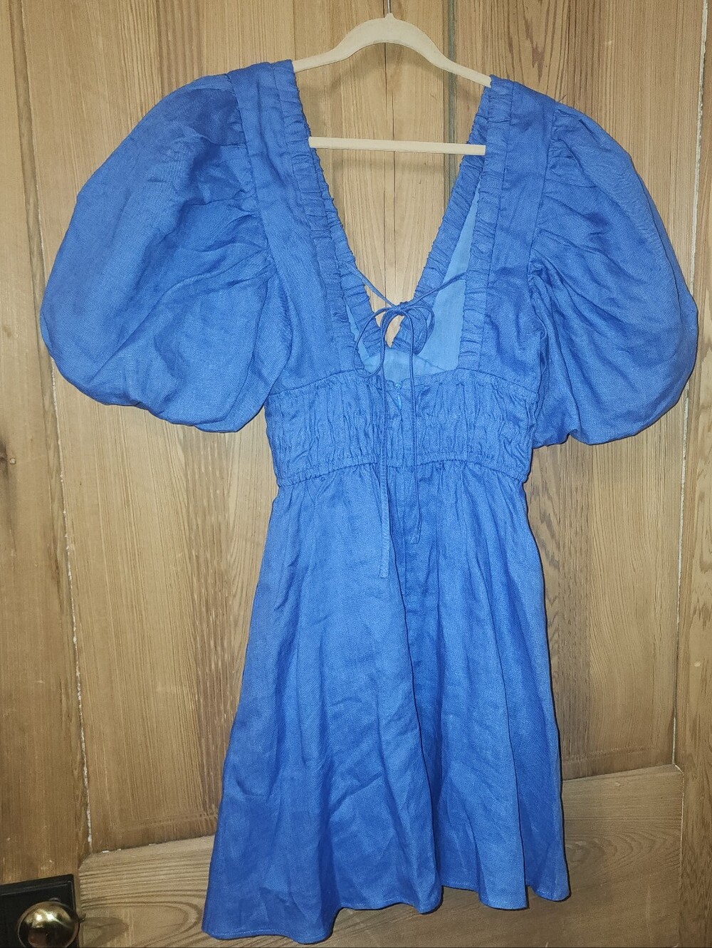 Amalie The Label Khalia Linen Plunge Puff Sleeve Mini Dress, Blue Size 0 - Picture 8 of 12